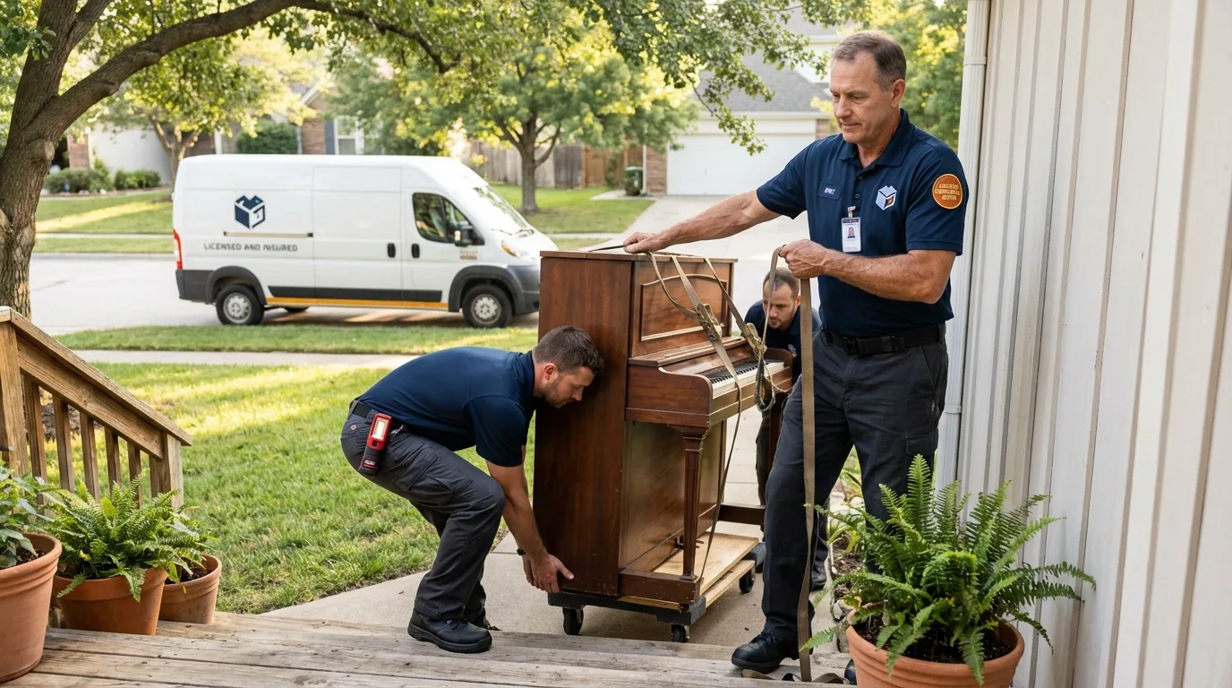 Licensed piano movers securing grand piano in Congers, NY
