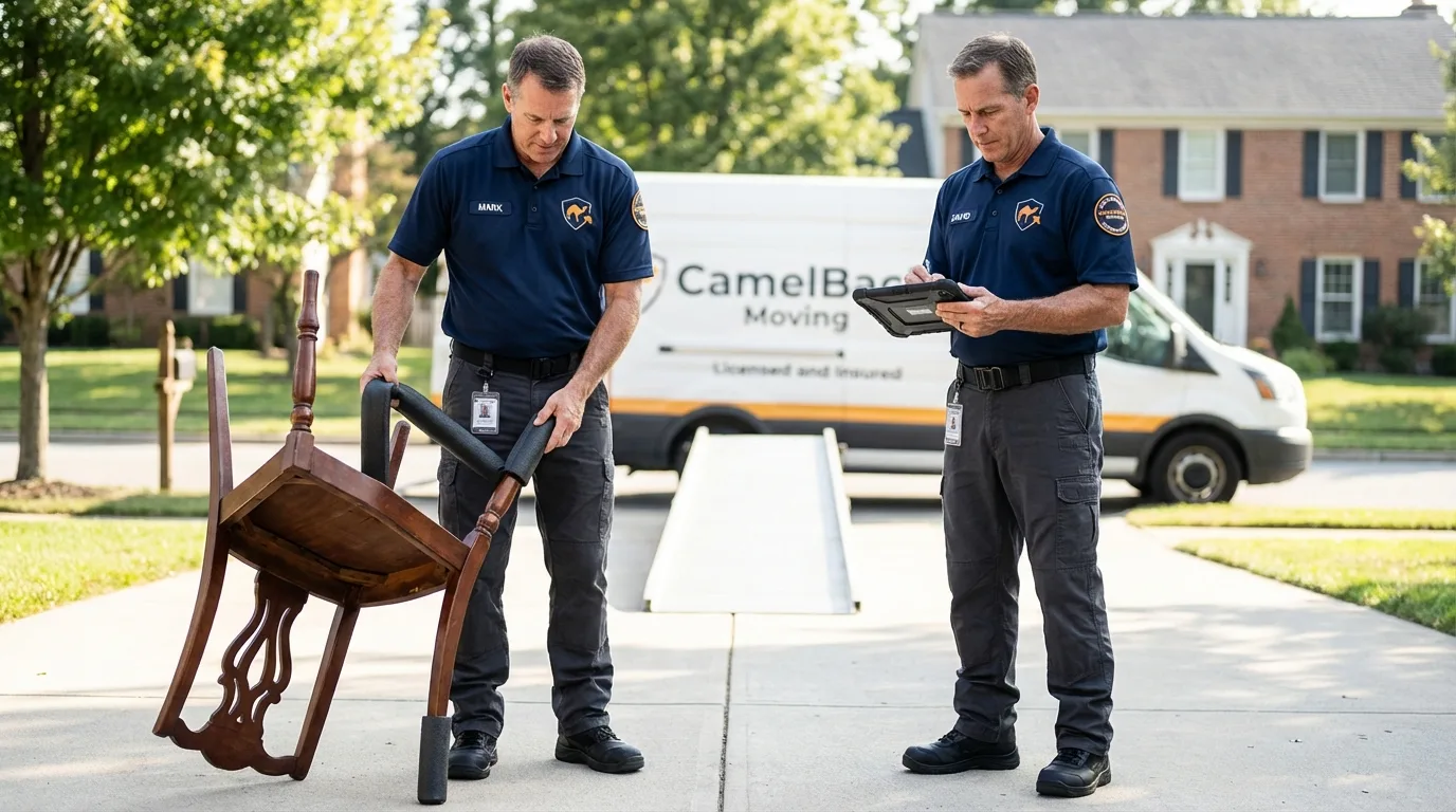 Movers inspecting furniture for damage prevention before loading in Congers, NY